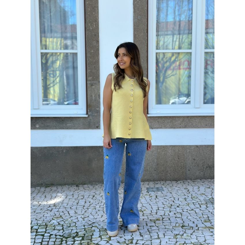 Calças de ganga com limões bordados 