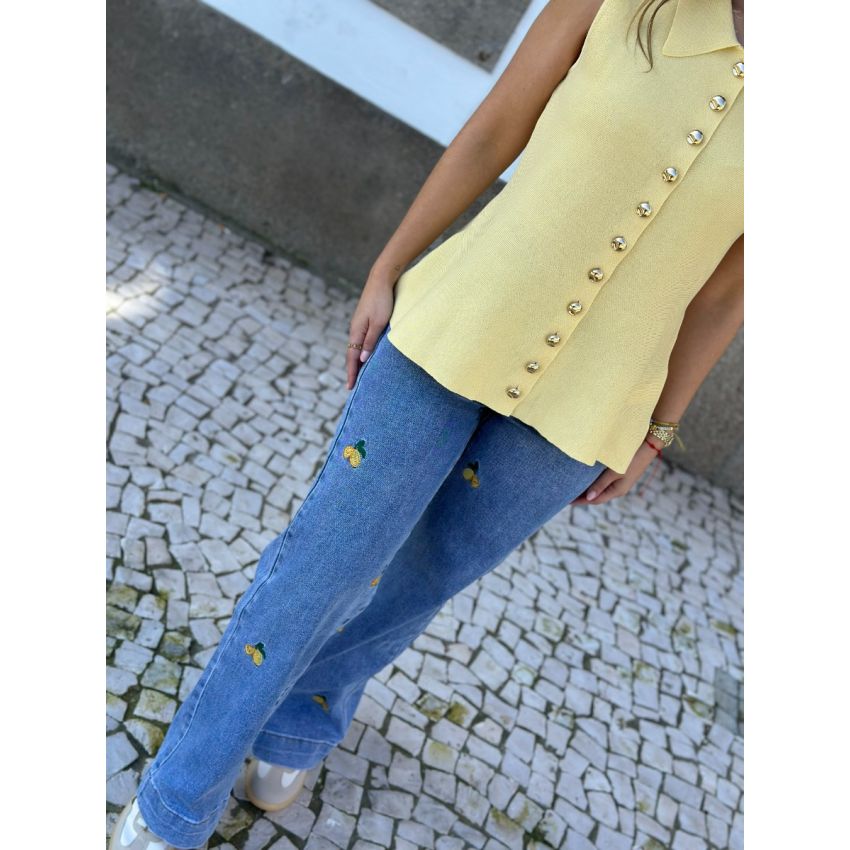 Calças de ganga com limões bordados 