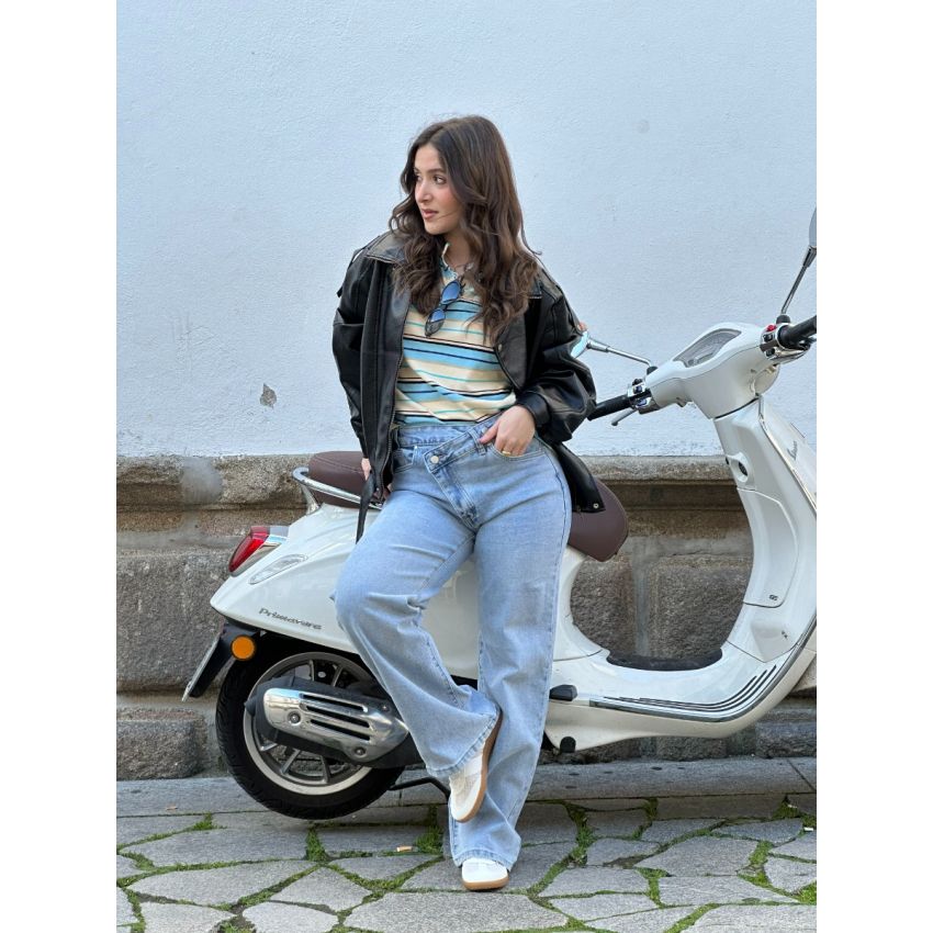 Calças de ganga cintura cruzada azul claro