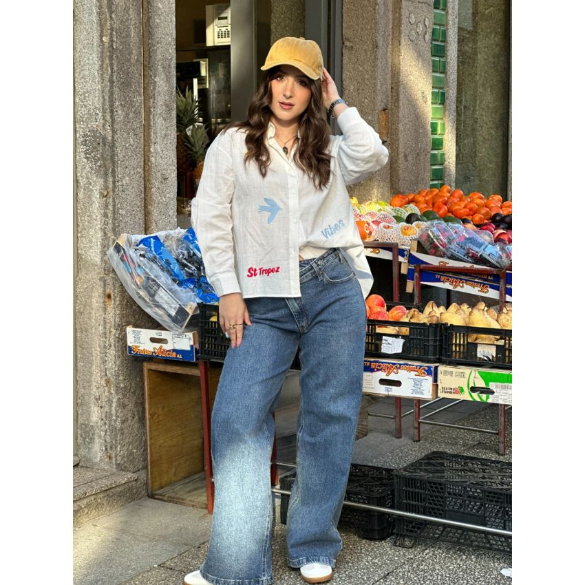 Calças de ganga cintura cruzada azul medio